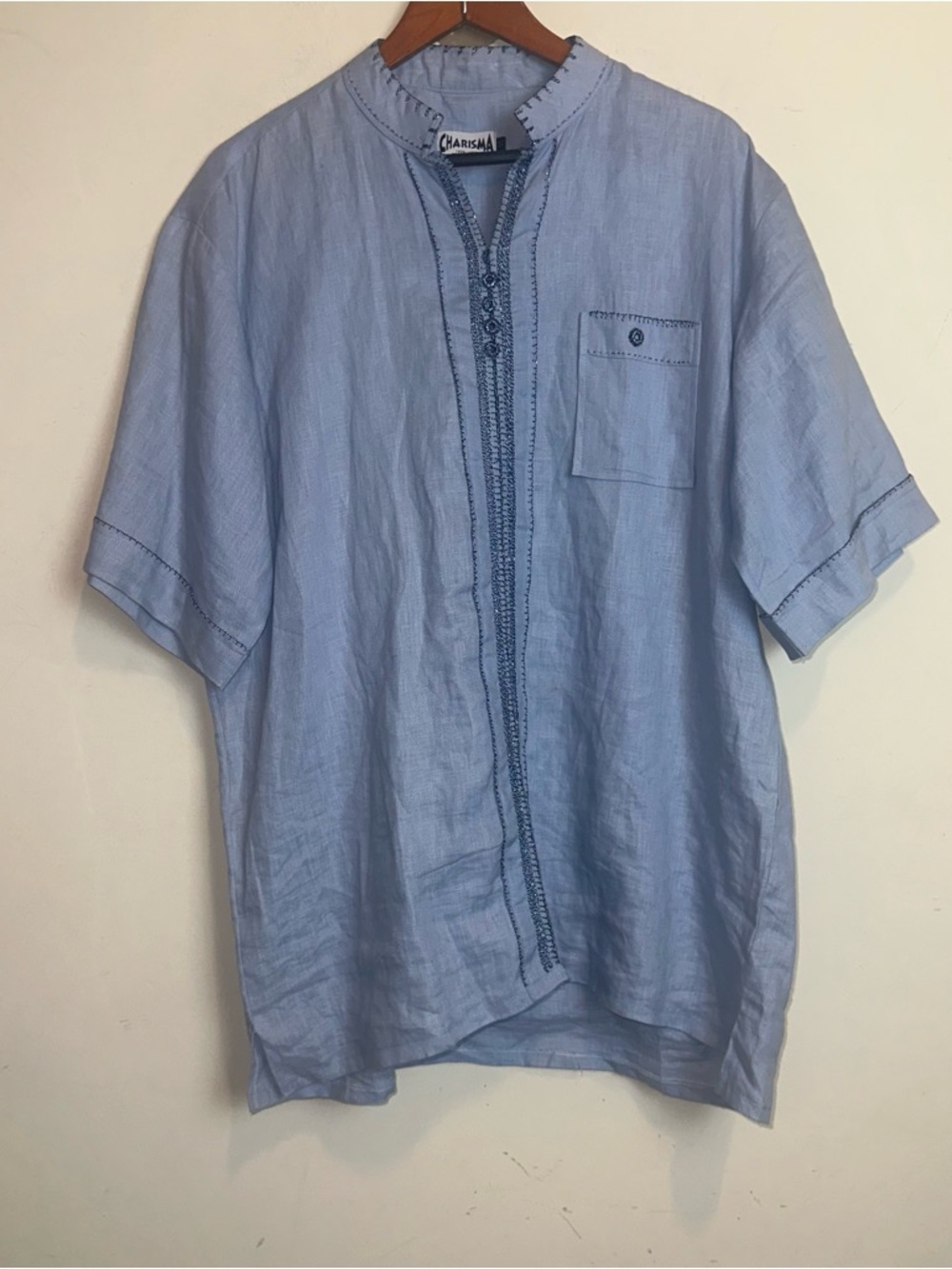 Vintage Charisma Shirt 100% Linen Men Size Medium Blue Embroidered Band Collar
